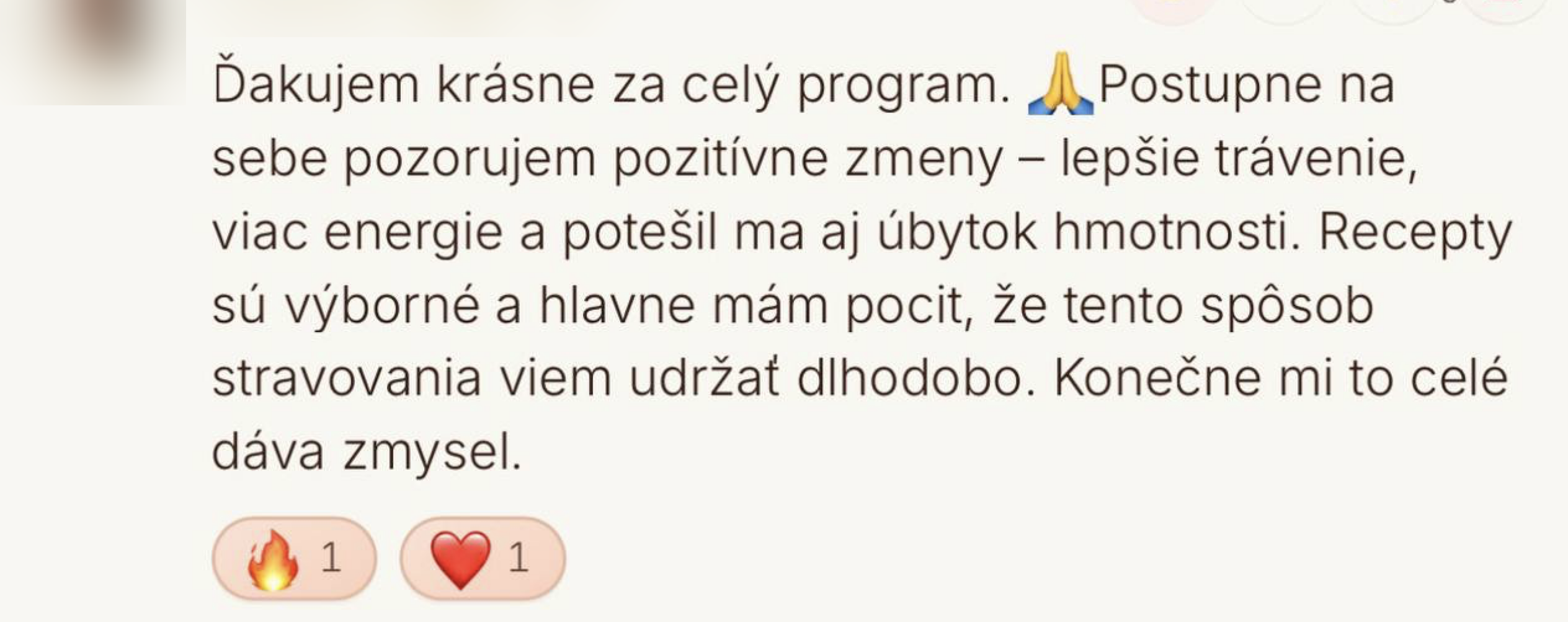 Správa klientky o pozitívnych zmenách – lepšie trávenie, viac energie a úbytok hmotnosti